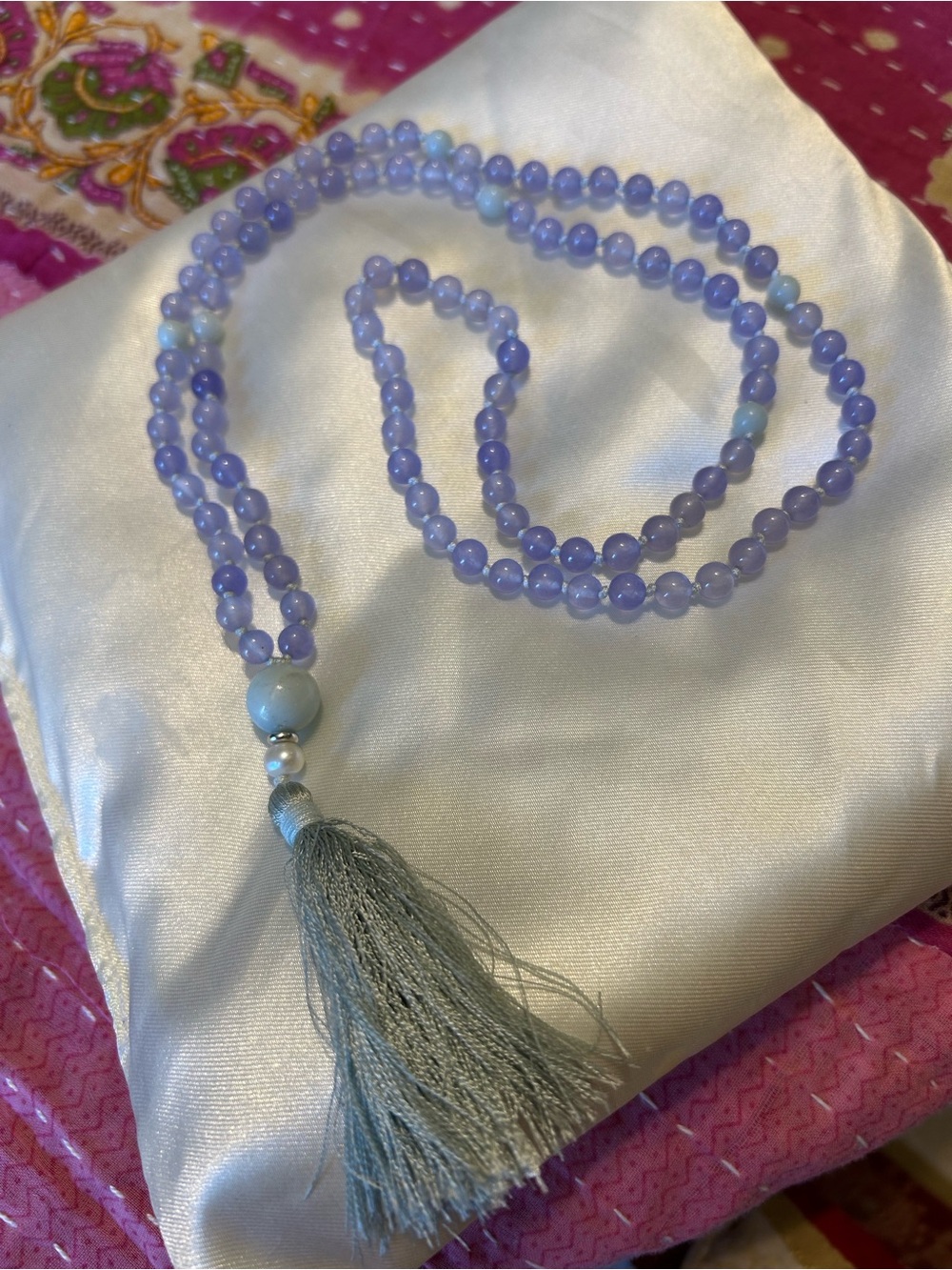 Lavender Beaded Tassel Necklace with Light Gray Tassel